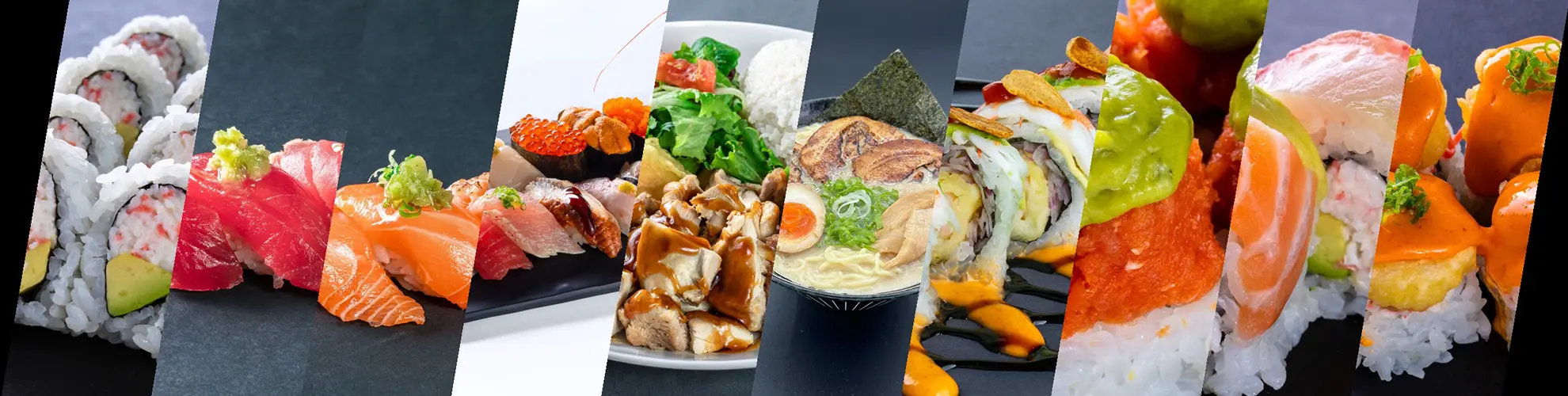 Variety of Japanese dishes including sushi rolls, nigiri, ramen, and rice bowls