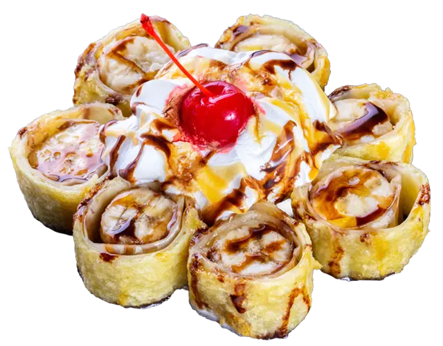 Banana tempura dessert served with ice cream and chocolate sauce