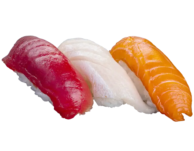 Nigiri sushi with tuna, white fish, and salmon