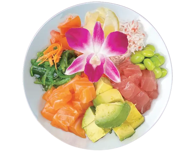 Poke bowl with fresh diced tuna, rice, avocado, and assorted toppings