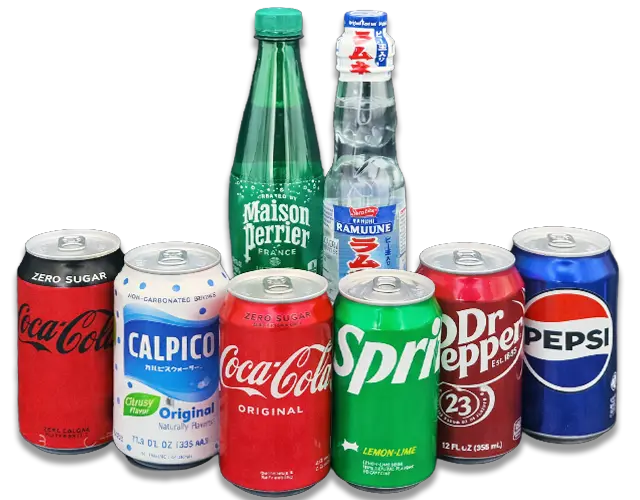 Assorted soft drinks including soda and Japanese beverages